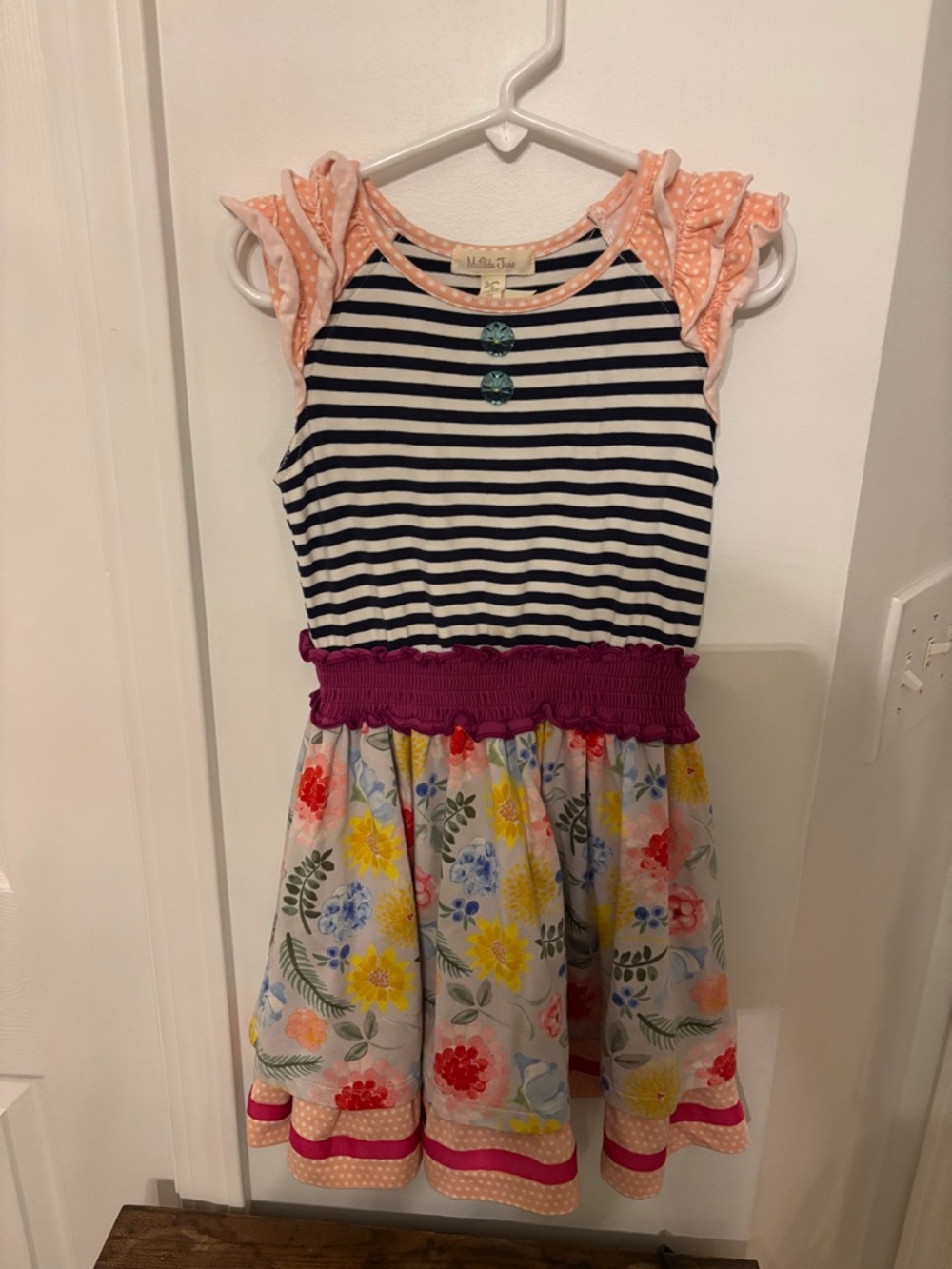 Matilda Jane Navy Striped Bodice Floral Skirt Dress with Peach Ruffles